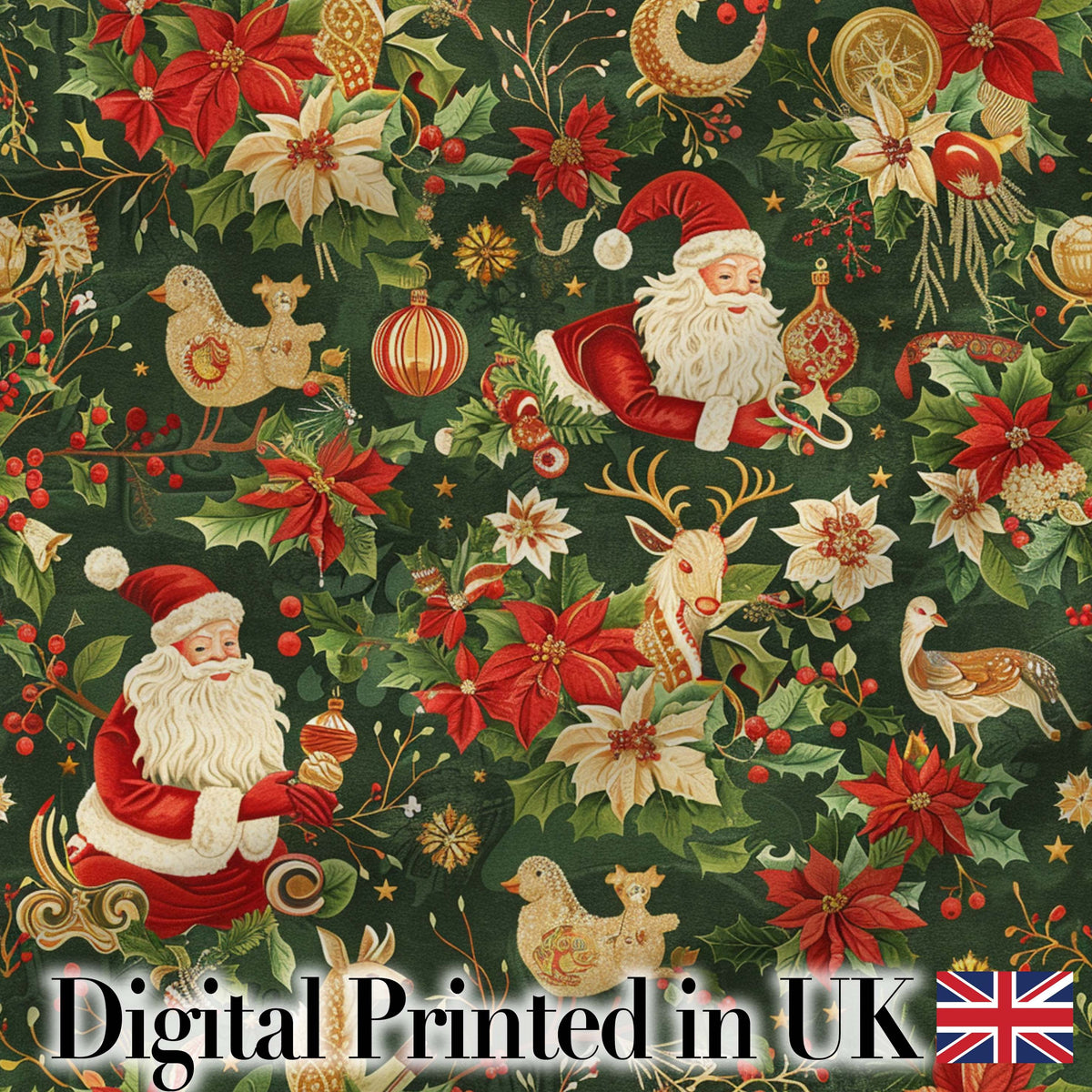Vintage Santa Claus Reindeer Poinsettia Flowers and Festive Holiday Elements  Digital Print Fabric by the Metre UK Sewing Quilting Textile