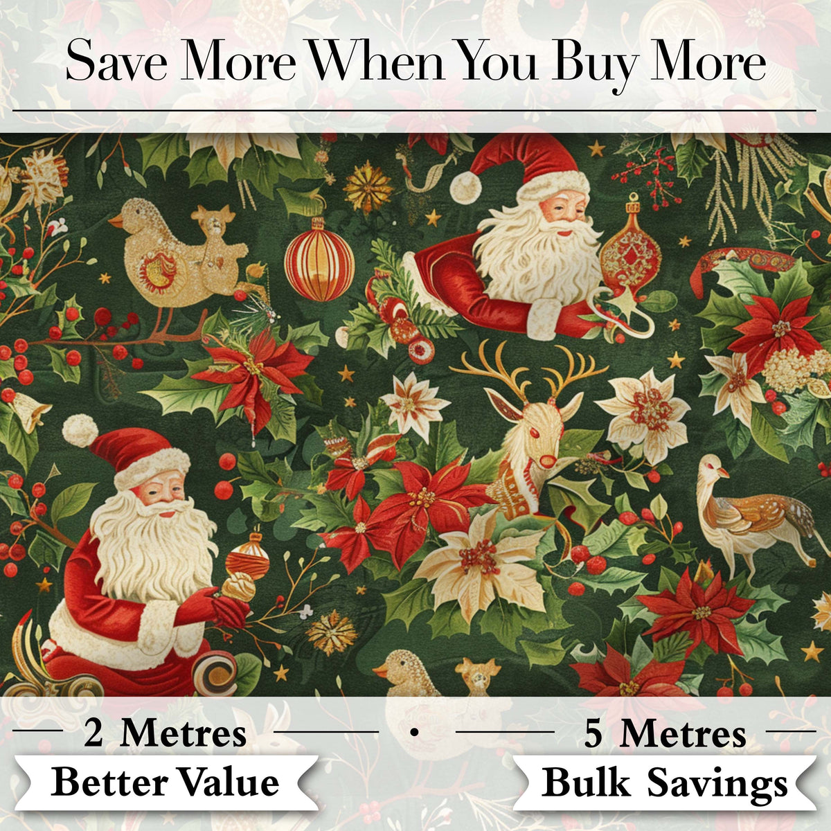 Vintage Santa Claus Reindeer Poinsettia Flowers and Festive Holiday Elements  Digital Print Fabric by the Metre UK Sewing Quilting Textile