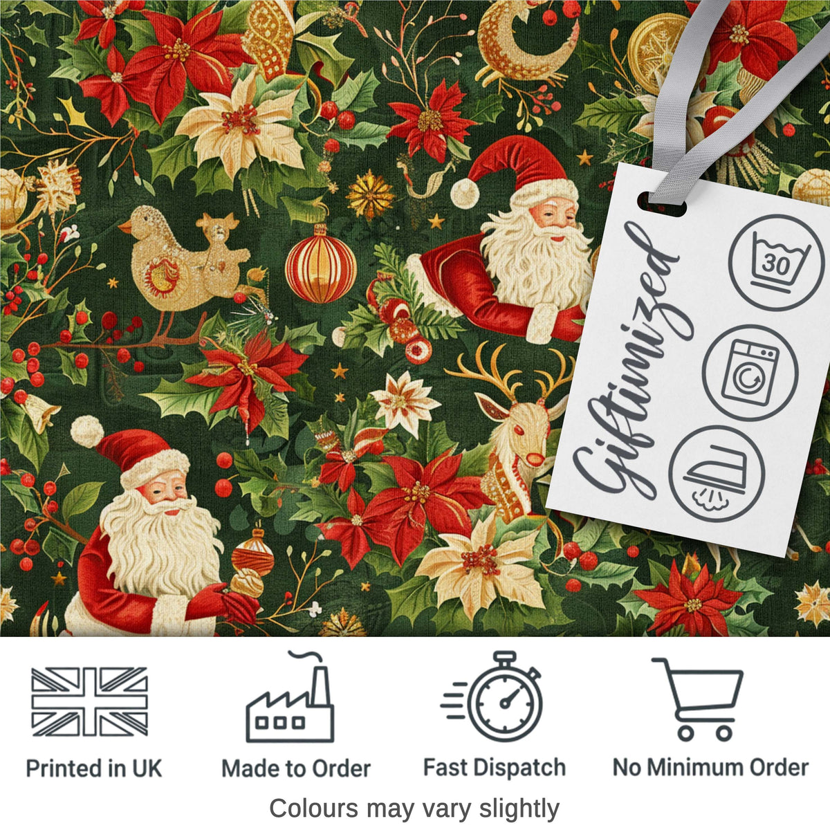 Vintage Santa Claus Reindeer Poinsettia Flowers and Festive Holiday Elements  Digital Print Fabric by the Metre UK Sewing Quilting Textile