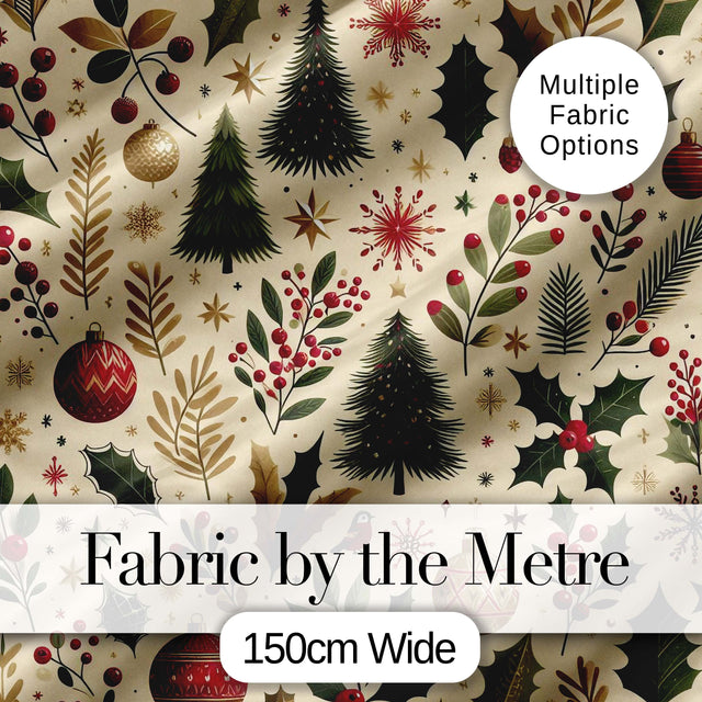 Elegant Christmas Trees Holly Leaves Berries and Snowflake Elements  Digital Print Fabric by the Metre UK Sewing Quilting Textile