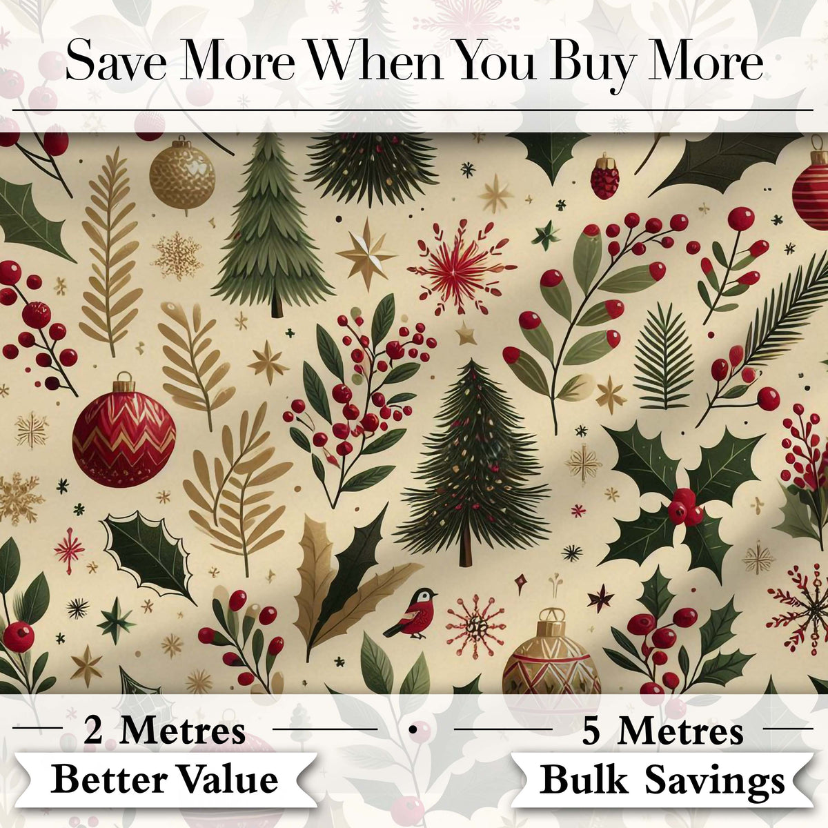 Elegant Christmas Trees Holly Leaves Berries and Snowflake Elements  Digital Print Fabric by the Metre UK Sewing Quilting Textile