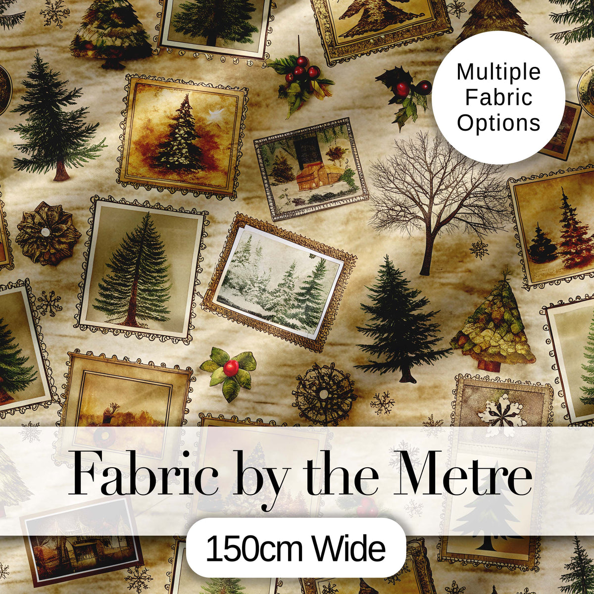 Vintage Framed Winter Landscapes Christmas Trees and Rustic Holiday Art  Digital Print Fabric by the Metre UK Sewing Quilting Textile