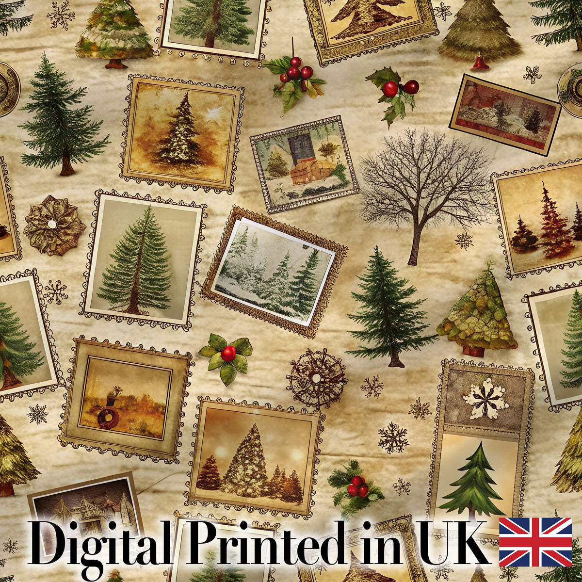 Vintage Framed Winter Landscapes Christmas Trees and Rustic Holiday Art  Digital Print Fabric by the Metre UK Sewing Quilting Textile