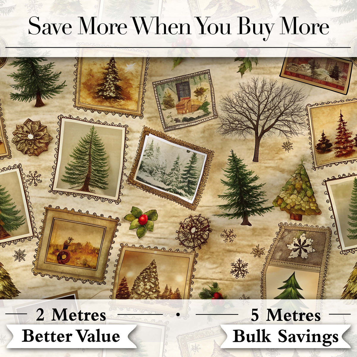 Vintage Framed Winter Landscapes Christmas Trees and Rustic Holiday Art  Digital Print Fabric by the Metre UK Sewing Quilting Textile