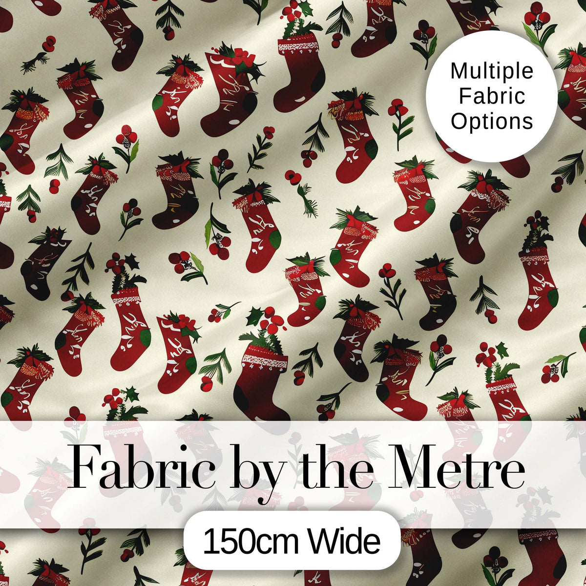 Cute Christmas Stockings Holly Berries and Festive Holiday Elements  Digital Print Fabric by the Metre UK Sewing Quilting Textile