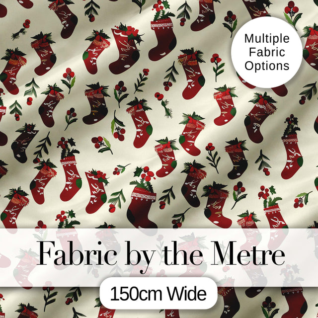 Cute Christmas Stockings Holly Berries and Festive Holiday Elements  Digital Print Fabric by the Metre UK Sewing Quilting Textile