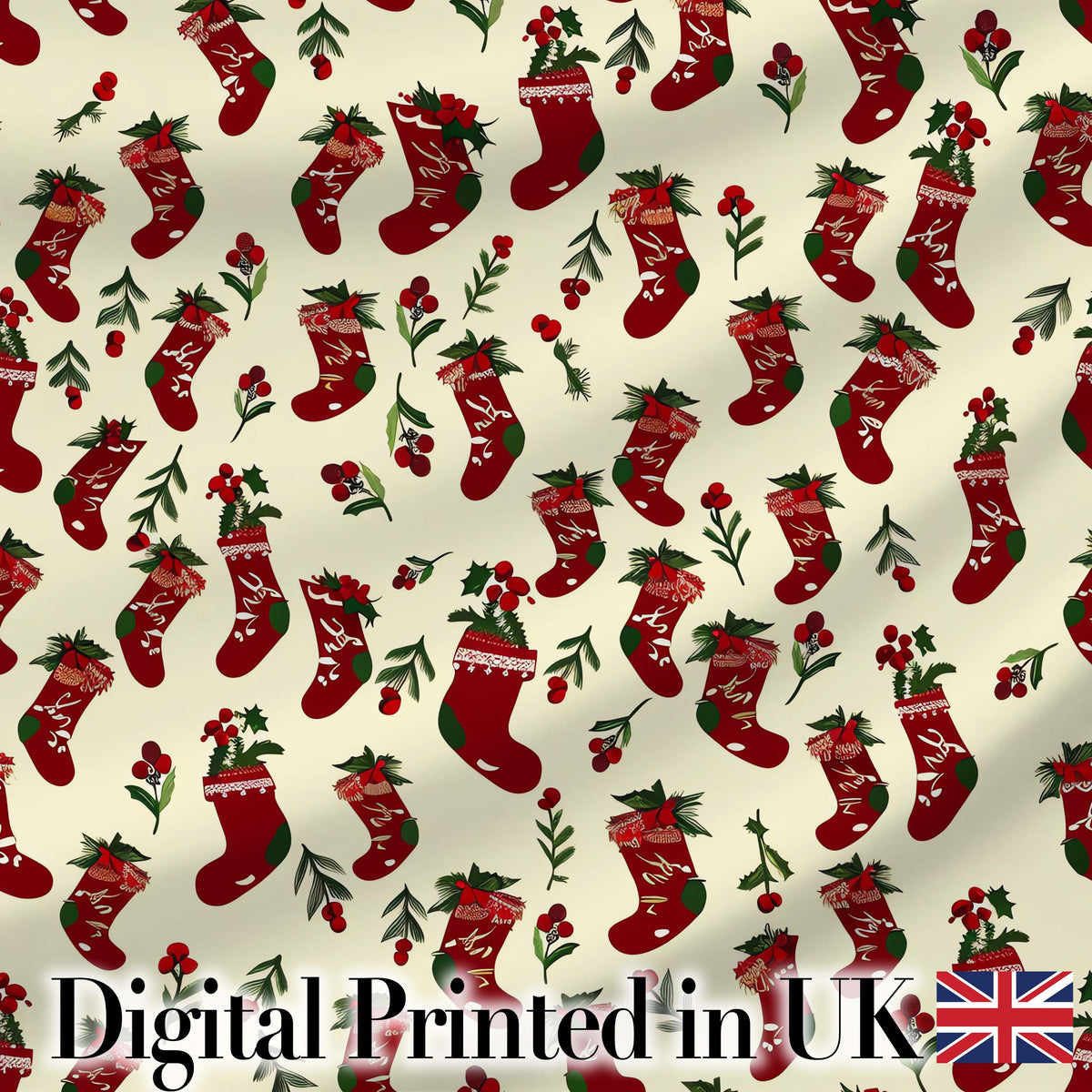 Cute Christmas Stockings Holly Berries and Festive Holiday Elements  Digital Print Fabric by the Metre UK Sewing Quilting Textile
