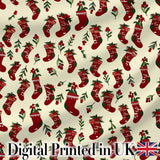 Cute Christmas Stockings Holly Berries and Festive Holiday Elements  Digital Print Fabric by the Metre UK Sewing Quilting Textile