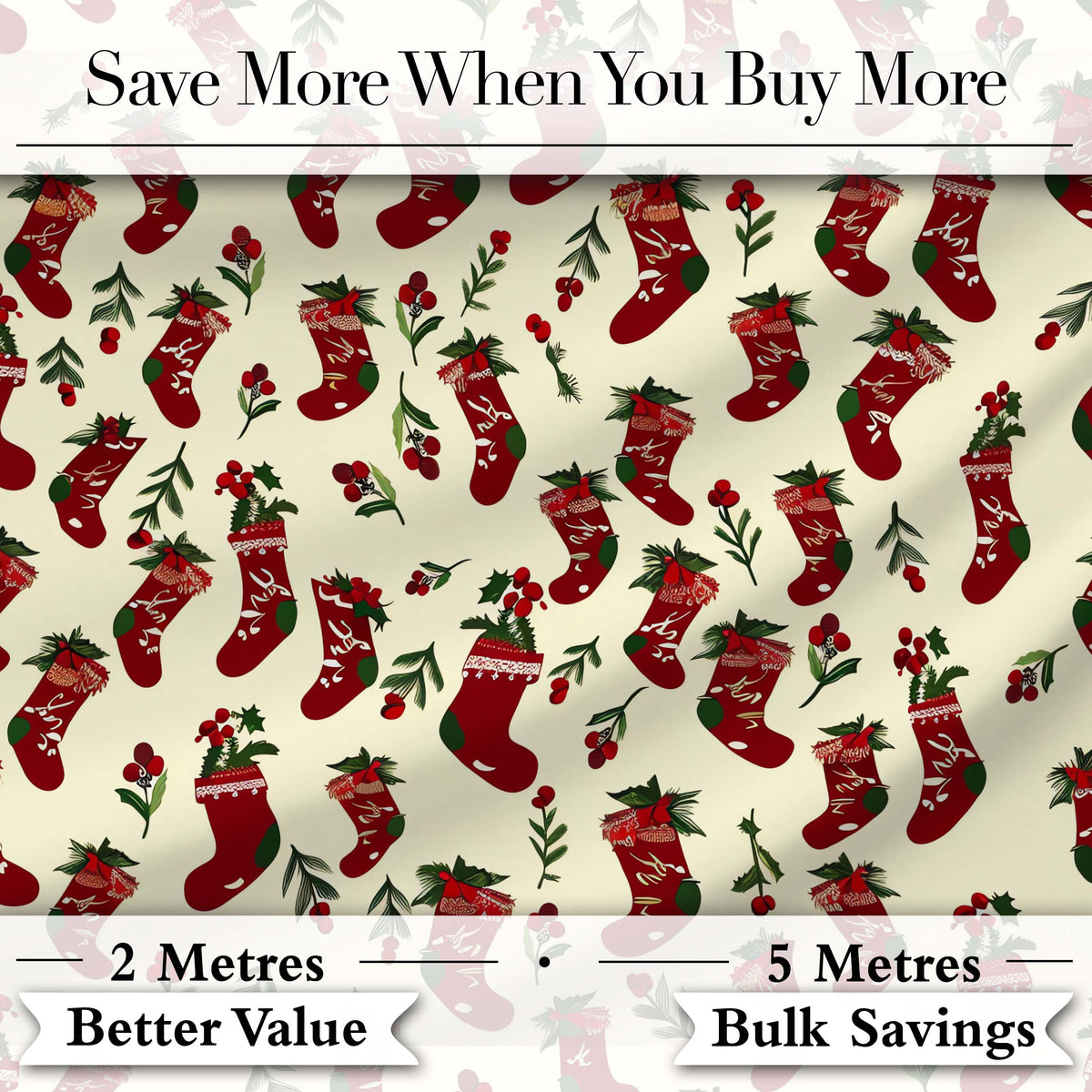 Cute Christmas Stockings Holly Berries and Festive Holiday Elements  Digital Print Fabric by the Metre UK Sewing Quilting Textile