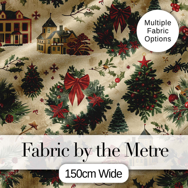 Vintage Christmas Wreaths Bows Houses and Festive Holiday Elements  Digital Print Fabric by the Metre UK Sewing Quilting Textile