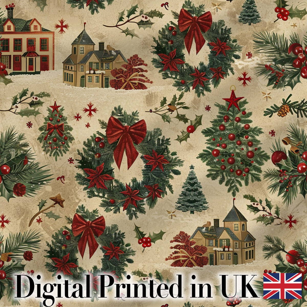 Vintage Christmas Wreaths Bows Houses and Festive Holiday Elements  Digital Print Fabric by the Metre UK Sewing Quilting Textile