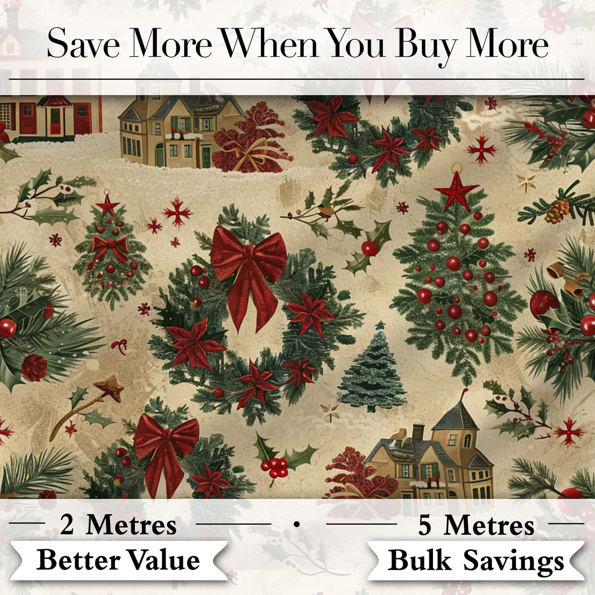 Vintage Christmas Wreaths Bows Houses and Festive Holiday Elements  Digital Print Fabric by the Metre UK Sewing Quilting Textile