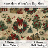 Vintage Christmas Wreaths Bows Houses and Festive Holiday Elements  Digital Print Fabric by the Metre UK Sewing Quilting Textile