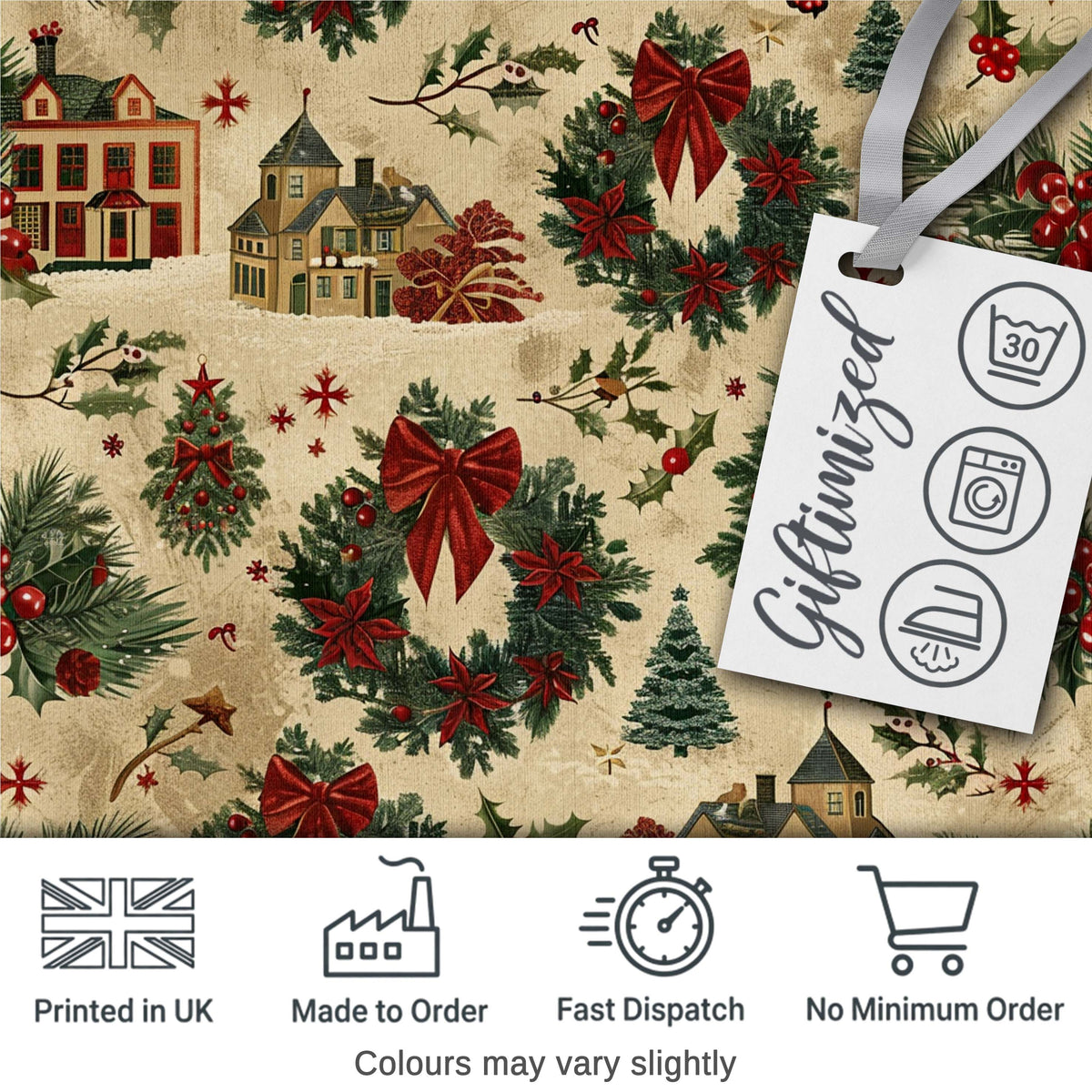 Vintage Christmas Wreaths Bows Houses and Festive Holiday Elements  Digital Print Fabric by the Metre UK Sewing Quilting Textile