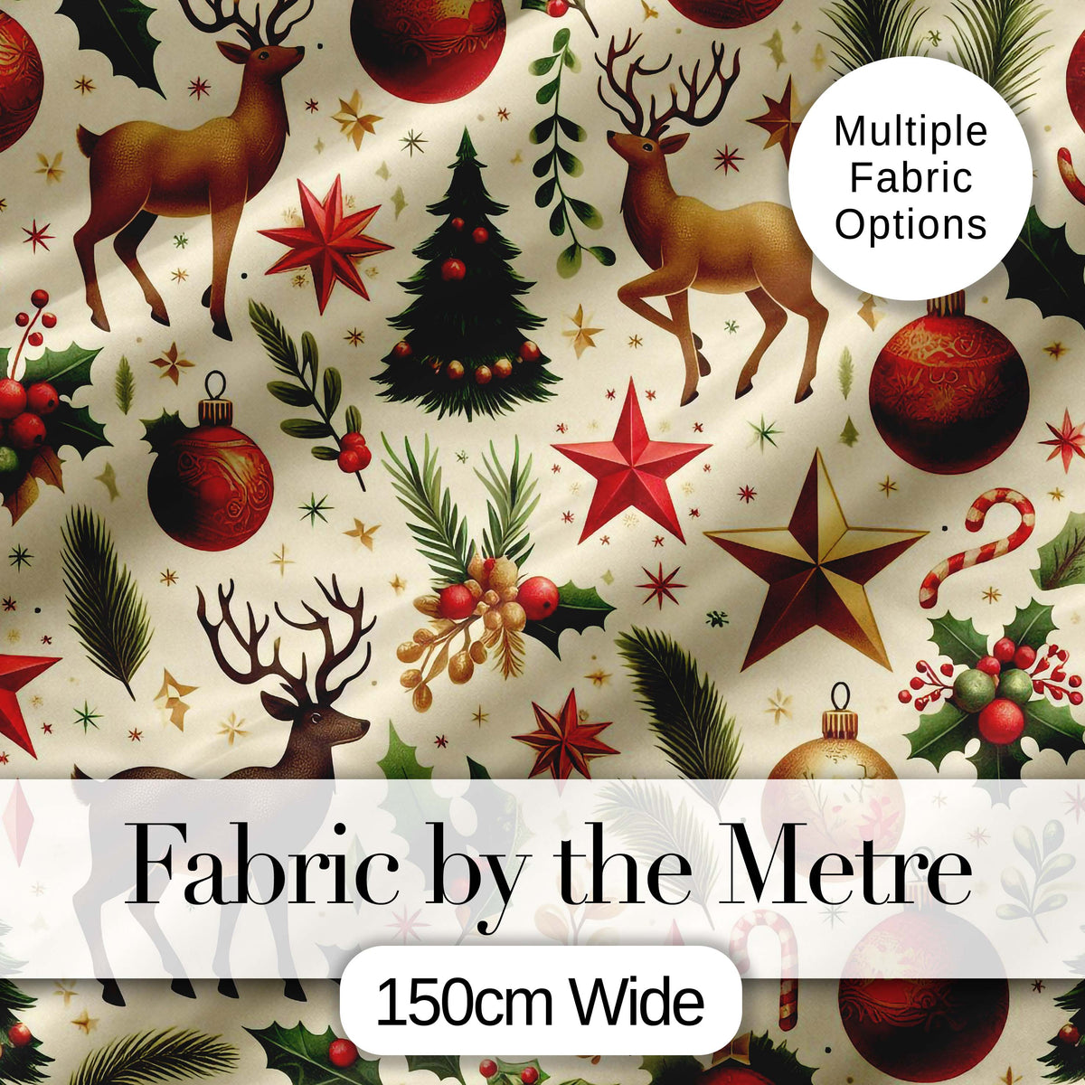Elegant Christmas Reindeer Ornaments Stars Holly Leaves and Festive Elements  Digital Print Fabric by the Metre UK Sewing Quilting Textile