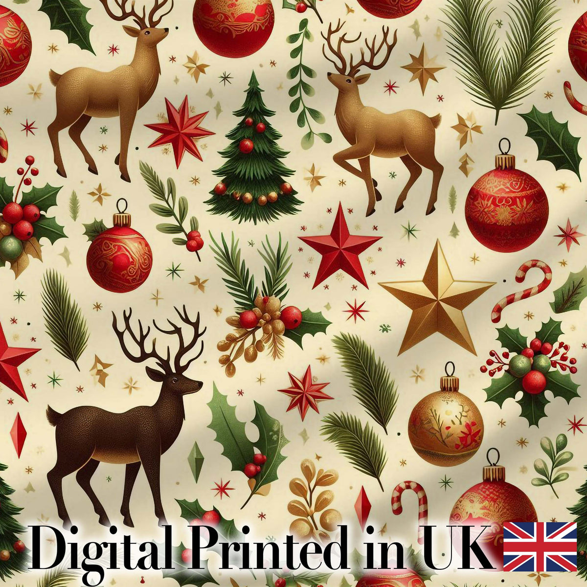 Elegant Christmas Reindeer Ornaments Stars Holly Leaves and Festive Elements  Digital Print Fabric by the Metre UK Sewing Quilting Textile