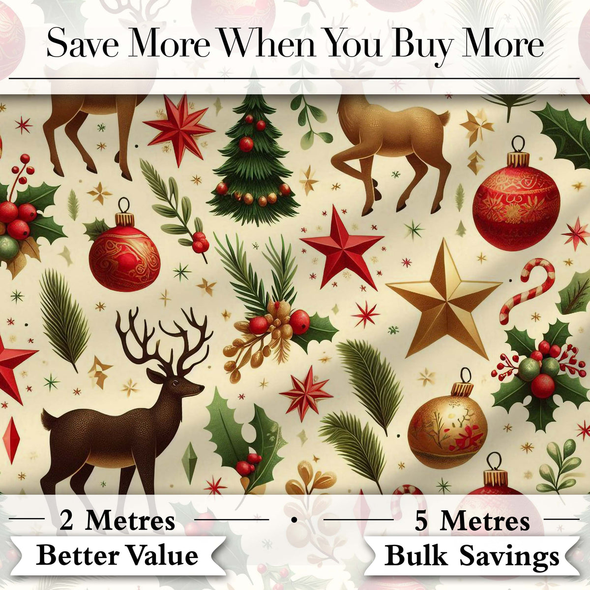Elegant Christmas Reindeer Ornaments Stars Holly Leaves and Festive Elements  Digital Print Fabric by the Metre UK Sewing Quilting Textile