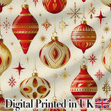 Luxury Red and Gold Christmas Baubles Snowflakes and Star Elements  Digital Print Fabric by the Metre UK Sewing Quilting Textile