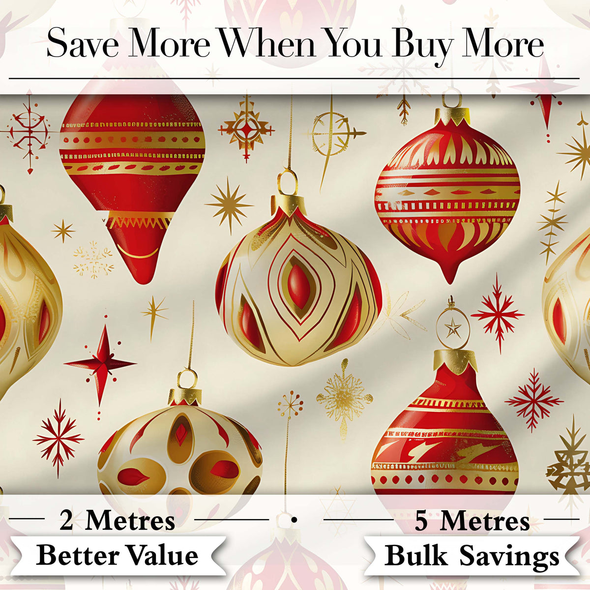 Luxury Red and Gold Christmas Baubles Snowflakes and Star Elements  Digital Print Fabric by the Metre UK Sewing Quilting Textile