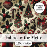 Classic Christmas Trees Candy Canes Gifts and Holly Berry Elements  Digital Print Fabric by the Metre UK Sewing Quilting Textile