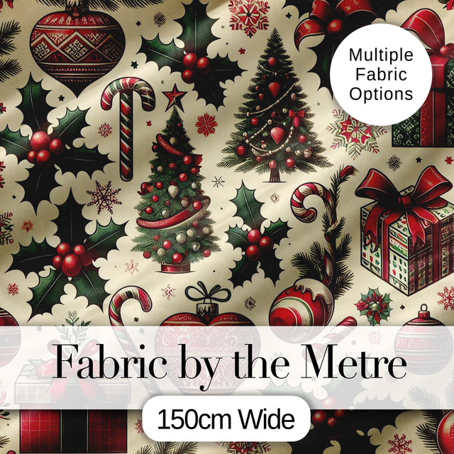 Classic Christmas Trees Candy Canes Gifts and Holly Berry Elements  Digital Print Fabric by the Metre UK Sewing Quilting Textile