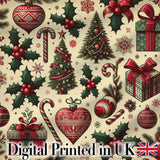 Classic Christmas Trees Candy Canes Gifts and Holly Berry Elements  Digital Print Fabric by the Metre UK Sewing Quilting Textile