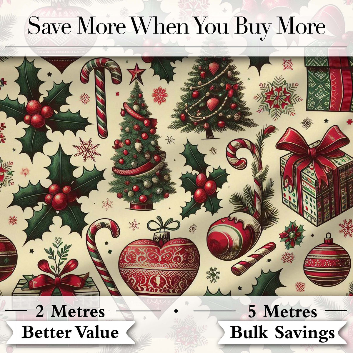 Classic Christmas Trees Candy Canes Gifts and Holly Berry Elements  Digital Print Fabric by the Metre UK Sewing Quilting Textile