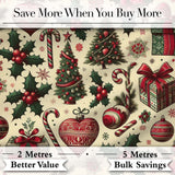 Classic Christmas Trees Candy Canes Gifts and Holly Berry Elements  Digital Print Fabric by the Metre UK Sewing Quilting Textile