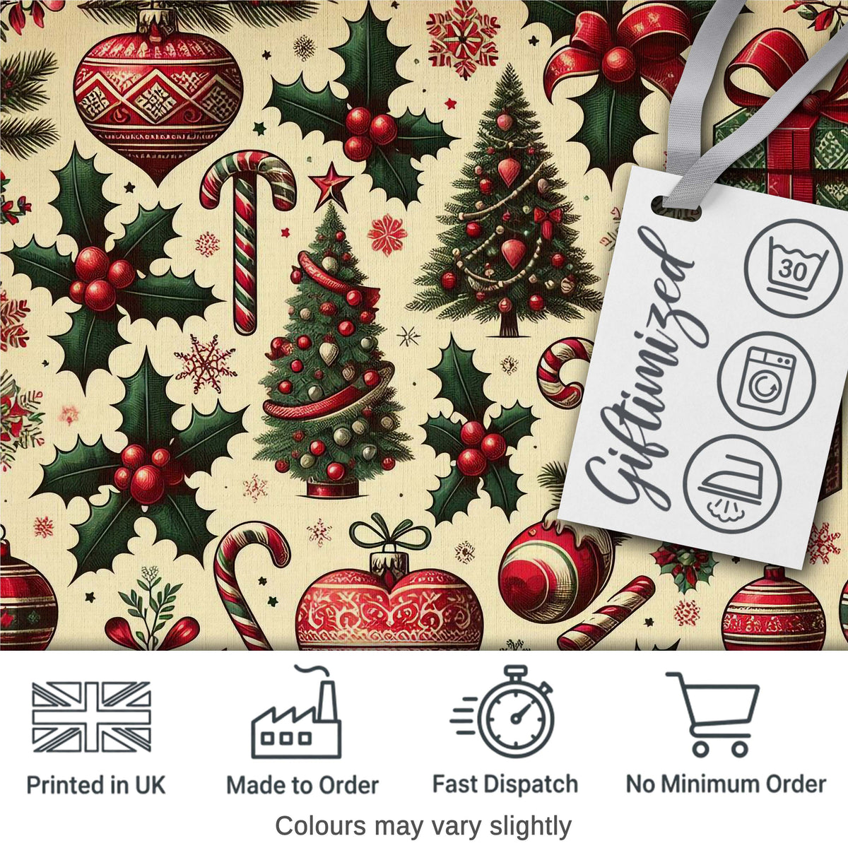 Classic Christmas Trees Candy Canes Gifts and Holly Berry Elements  Digital Print Fabric by the Metre UK Sewing Quilting Textile