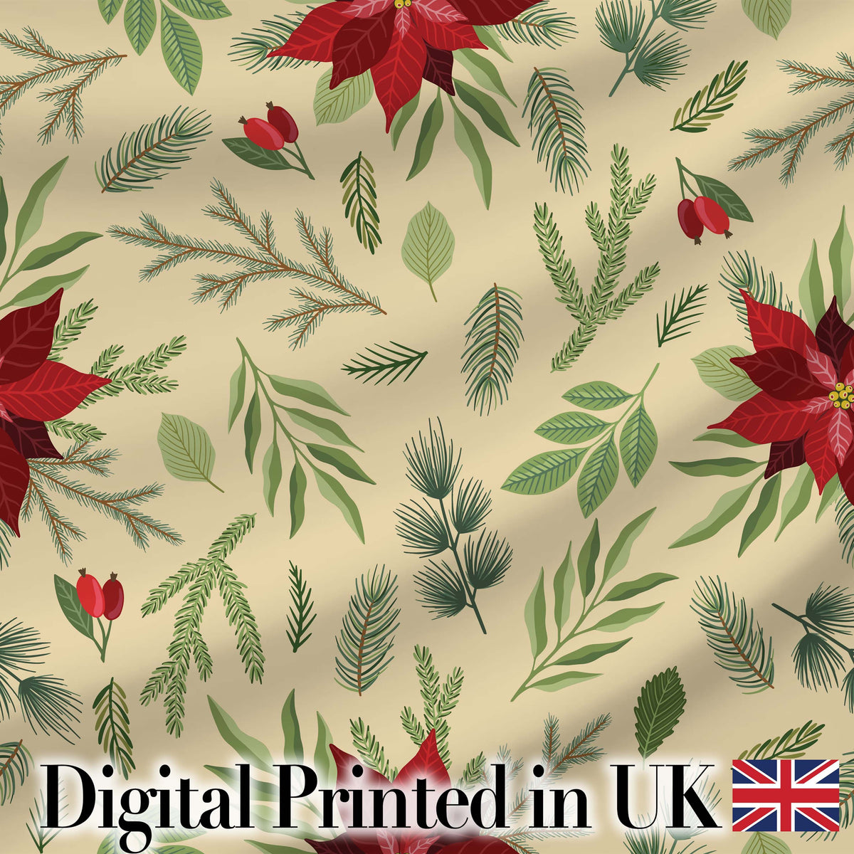 Elegant Botanical Pine Leaves Poinsettia Flowers and Winter Greenery  Digital Print Fabric by the Metre UK Sewing Quilting Textile