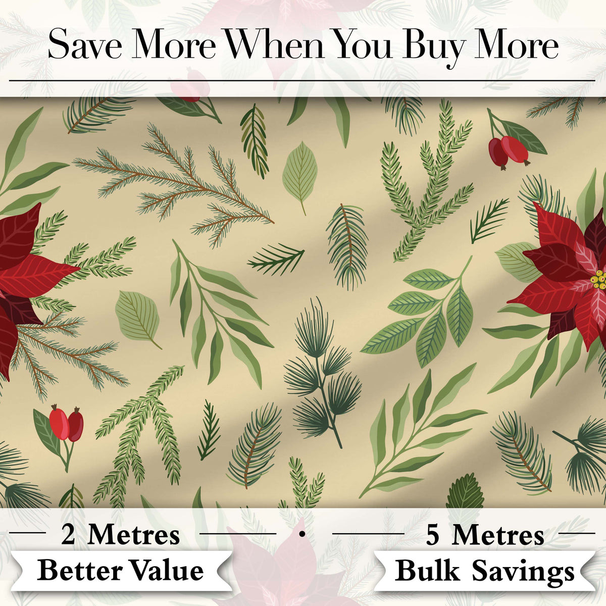 Elegant Botanical Pine Leaves Poinsettia Flowers and Winter Greenery  Digital Print Fabric by the Metre UK Sewing Quilting Textile