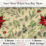 Elegant Botanical Pine Leaves Poinsettia Flowers and Winter Greenery  Digital Print Fabric by the Metre UK Sewing Quilting Textile