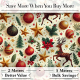 Festive Christmas Reindeer Baubles Stars and Holly Berry Elements  Digital Print Fabric by the Metre UK Sewing Quilting Textile