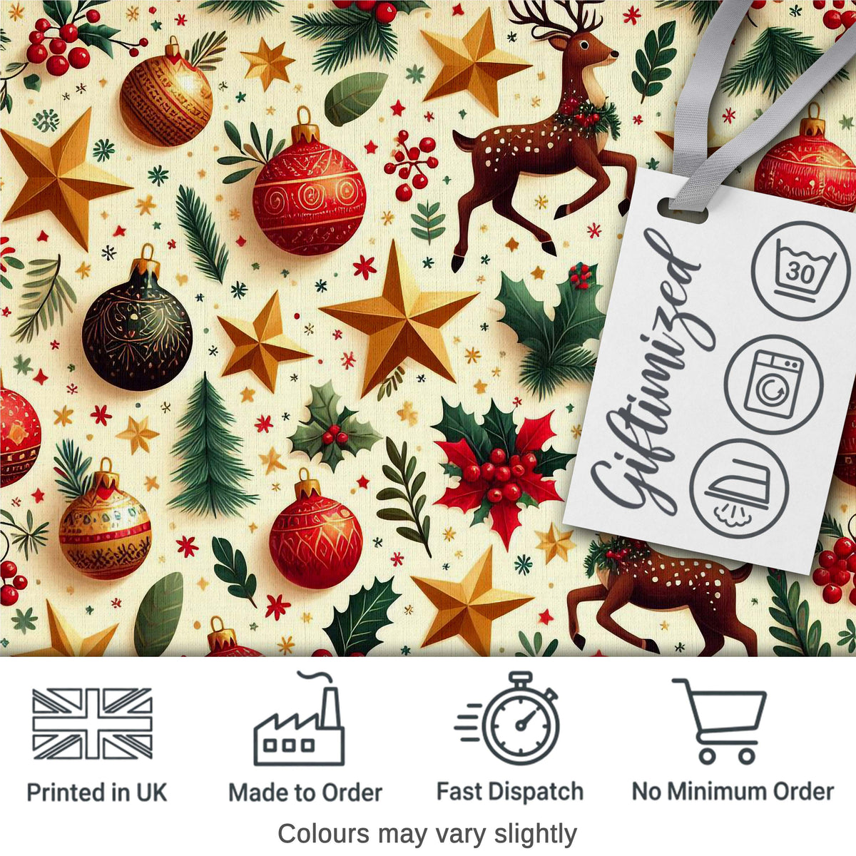 Festive Christmas Reindeer Baubles Stars and Holly Berry Elements  Digital Print Fabric by the Metre UK Sewing Quilting Textile