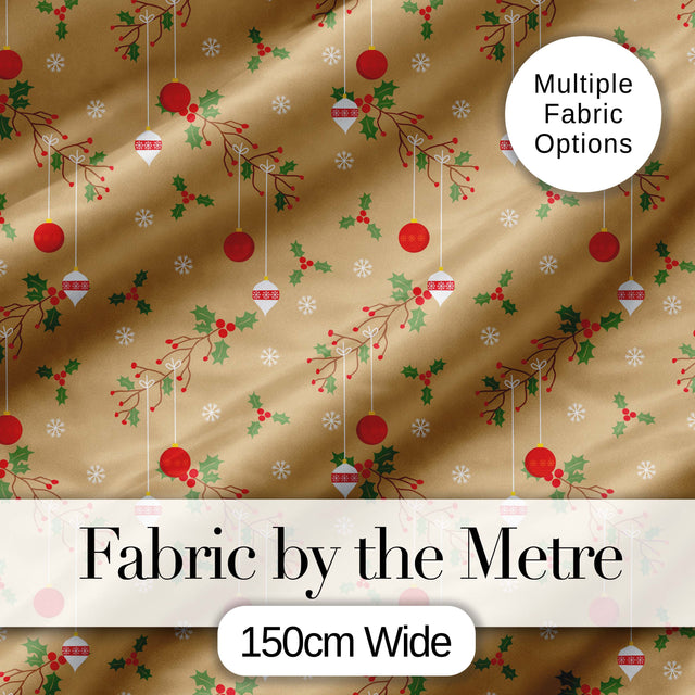 Minimal Christmas Ornaments Hanging Baubles Holly Branches and Snowflakes  Digital Print Fabric by the Metre UK Sewing Quilting Textile