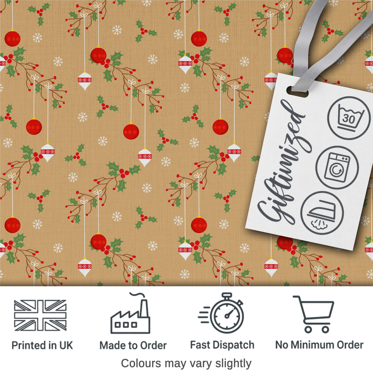 Minimal Christmas Ornaments Hanging Baubles Holly Branches and Snowflakes  Digital Print Fabric by the Metre UK Sewing Quilting Textile