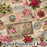 Vintage Floral Christmas Cards Poinsettia Roses and Antique Paper Collage  Digital Print Fabric by the Metre UK Sewing Quilting Textile