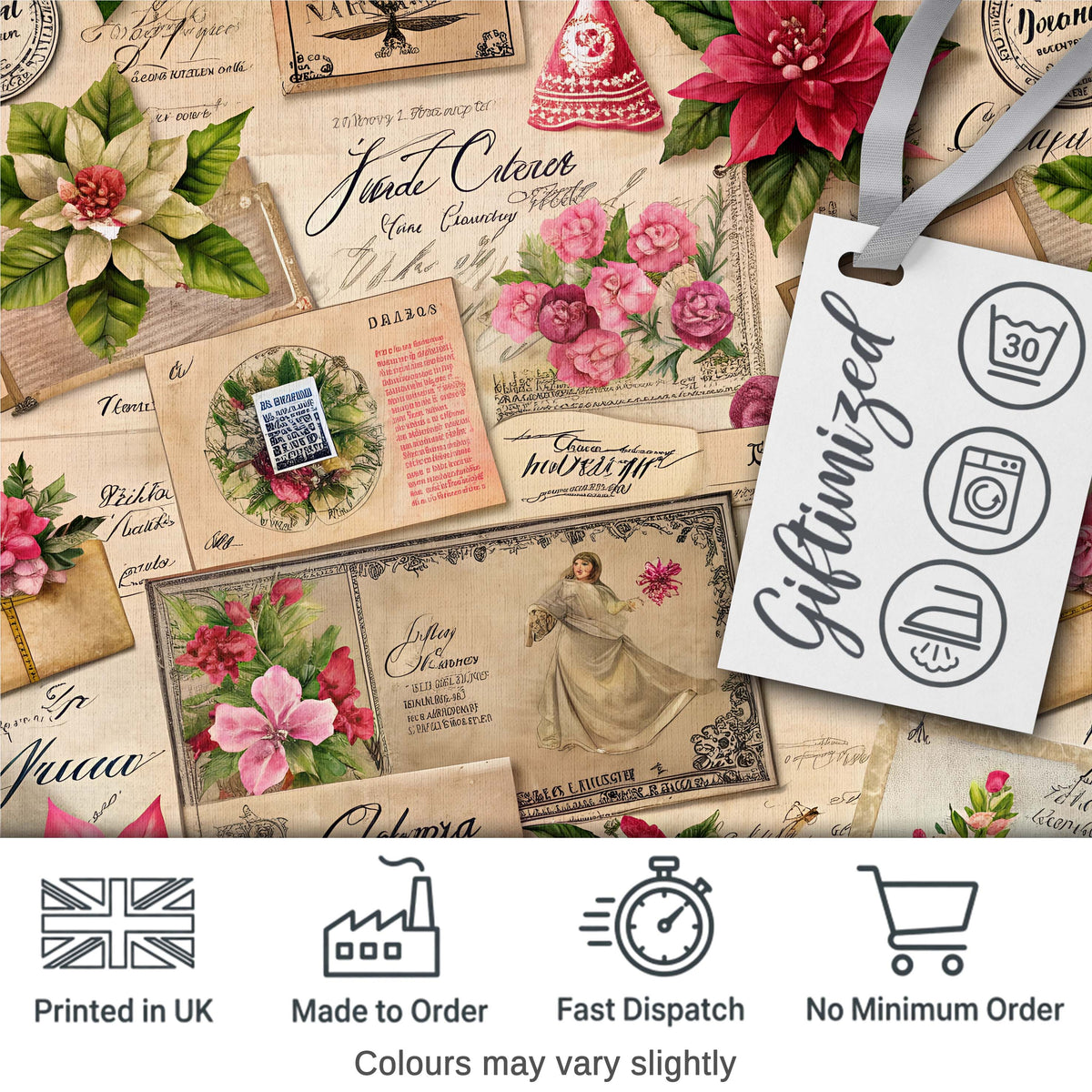 Vintage Floral Christmas Cards Poinsettia Roses and Antique Paper Collage  Digital Print Fabric by the Metre UK Sewing Quilting Textile