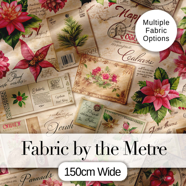 Elegant Vintage Christmas Postcards Botanical Florals and Script Collage  Digital Print Fabric by the Metre UK Sewing Quilting Textile