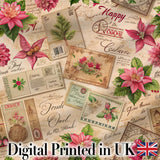 Elegant Vintage Christmas Postcards Botanical Florals and Script Collage  Digital Print Fabric by the Metre UK Sewing Quilting Textile