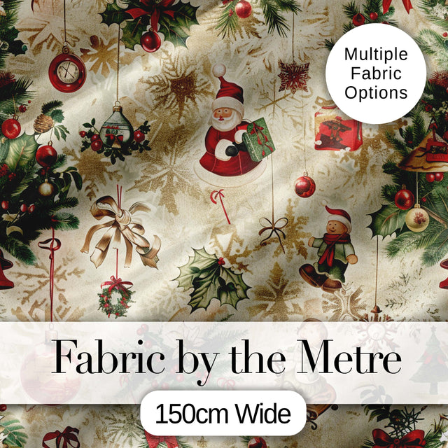 Whimsical Santa Claus Gifts Children and Hanging Ornaments Festive Pattern Digital Print Fabric by the Metre UK Sewing Quilting Textile