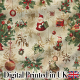 Whimsical Santa Claus Gifts Children and Hanging Ornaments Festive Pattern Digital Print Fabric by the Metre UK Sewing Quilting Textile