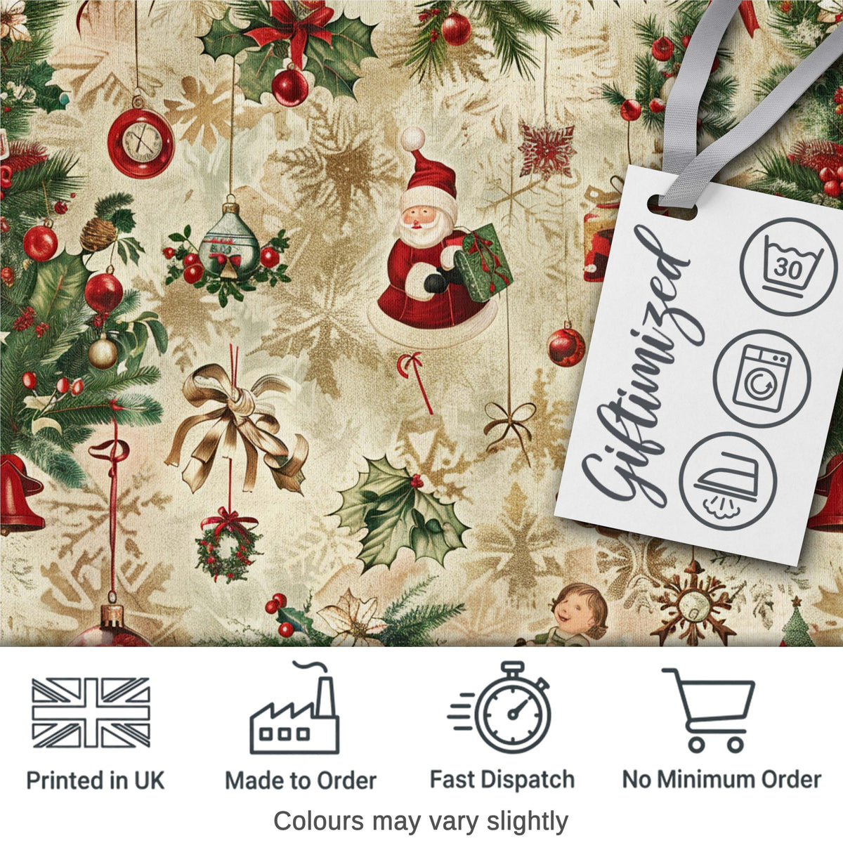 Whimsical Santa Claus Gifts Children and Hanging Ornaments Festive Pattern Digital Print Fabric by the Metre UK Sewing Quilting Textile