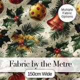 Elegant Christmas Baubles Pine Branches Bows and Snowflake Elements  Digital Print Fabric by the Metre UK Sewing Quilting Textile