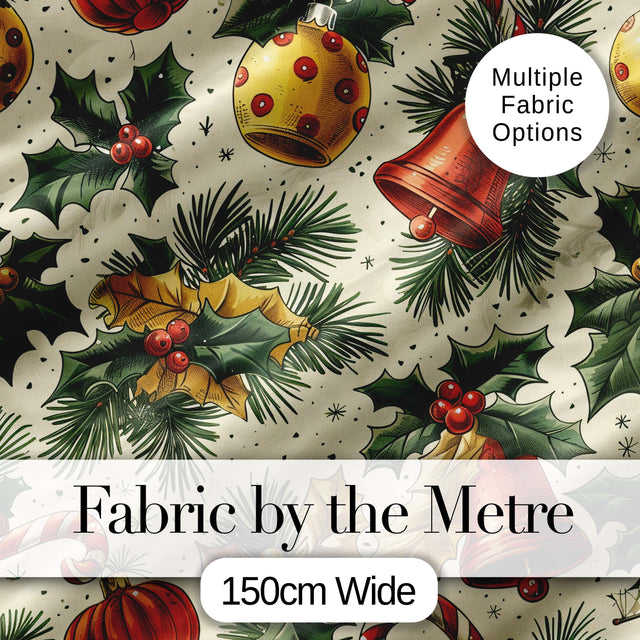 Elegant Christmas Baubles Pine Branches Bows and Snowflake Elements  Digital Print Fabric by the Metre UK Sewing Quilting Textile