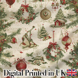 Rustic Christmas Wreath Bells Pine Branches Baubles and Snowy Village  Digital Print Fabric by the Metre UK Sewing Quilting Textile
