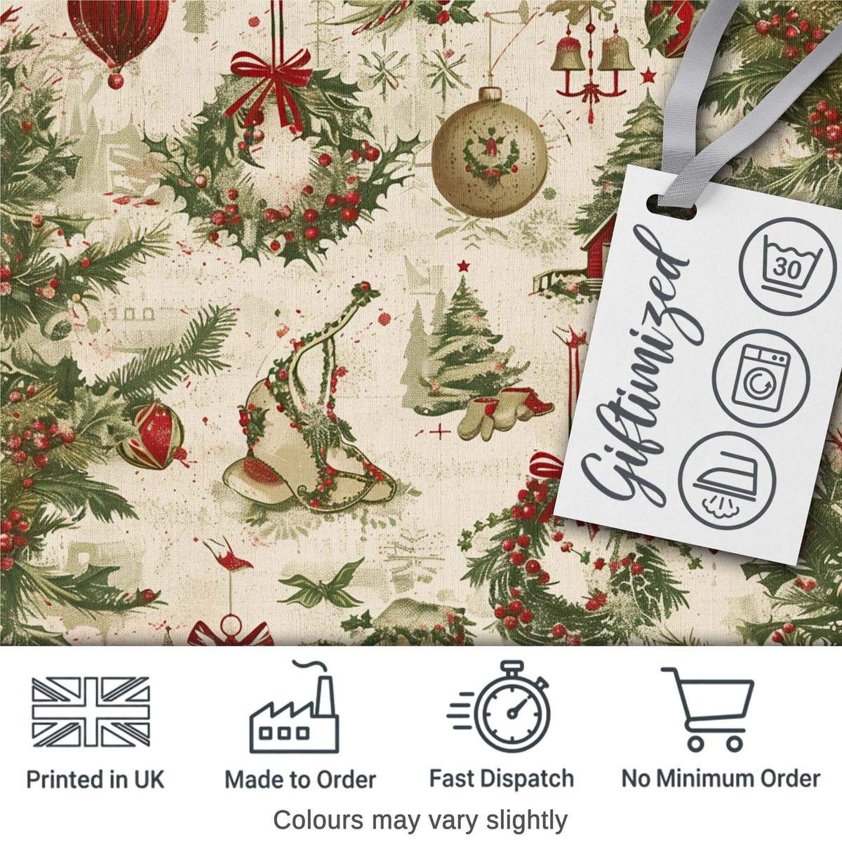 Rustic Christmas Wreath Bells Pine Branches Baubles and Snowy Village  Digital Print Fabric by the Metre UK Sewing Quilting Textile