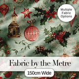 Vintage Christmas Baubles Holly Berries Candy Cane and Snowflakes  Digital Print Fabric by the Metre UK Sewing Quilting Textile