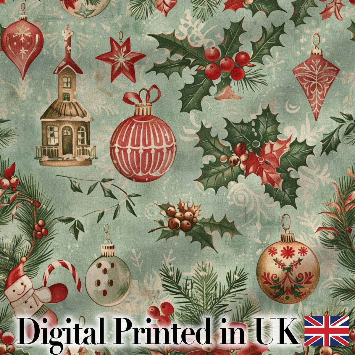 Vintage Christmas Baubles Holly Berries Candy Cane and Snowflakes  Digital Print Fabric by the Metre UK Sewing Quilting Textile
