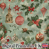 Vintage Christmas Baubles Holly Berries Candy Cane and Snowflakes  Digital Print Fabric by the Metre UK Sewing Quilting Textile